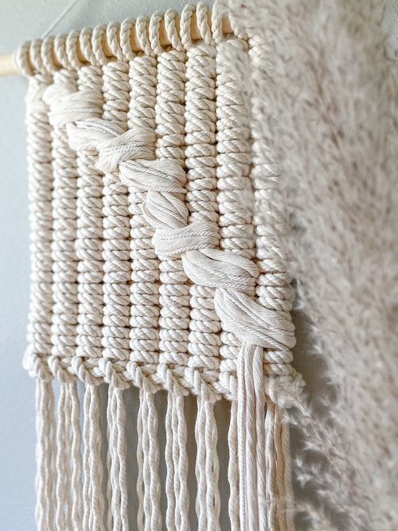 Japandi Wall Art, White Macrame Wall Hanging, Long Fiber Art Tapestry, Narrow Textile Art, Neutral Nursery, Modern Minimalist Wall Decor