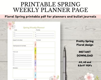 Spring weekly planner page in 3 sizes. A4, A5 and 8.5x11 printable PDF. Spring floral planner template for your bujo or planner.