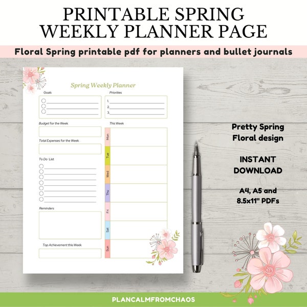 Spring weekly planner page in 3 sizes. A4, A5 and 8.5x11 printable PDF. Spring floral planner template for your bujo or planner.