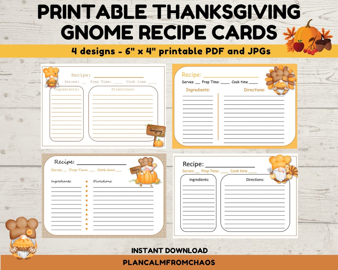 Printable Thanksgiving Gnome Recipe Cards Digital Download - Etsy