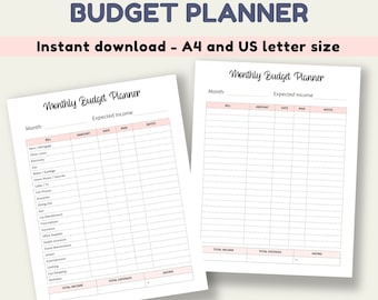 Monthly Budget Printable Planners. DIGITAL DOWNLOAD. Monthly budget sheets for bill payment and expense tracking. A4 and 8.5x11 size pdfs.