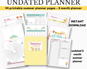 May include: A set of printable summer planner pages with a yellow, pink, and blue color scheme. The pages include a weekly menu, grocery list, to-do list, habit tracker, and daily schedule. The text "Printable Summer Undated Planner" is at the top of the image. The text "44 printable summer planner pages - 3 month planner" is below the title. The text "Instant Download" is in the upper right corner of the image. The text "undated 3 month summer planner" is in the lower right corner of the image.
