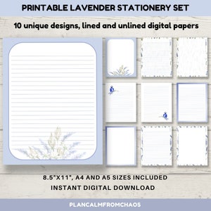 Lavendel druckbares Briefpapier, DIGITAL DOWNLOAD, bedruckbares Schreibpapier in 10 Lavendel-Designs. A4, A5 und 8,5x11 pdf jpg digitale Papiere
