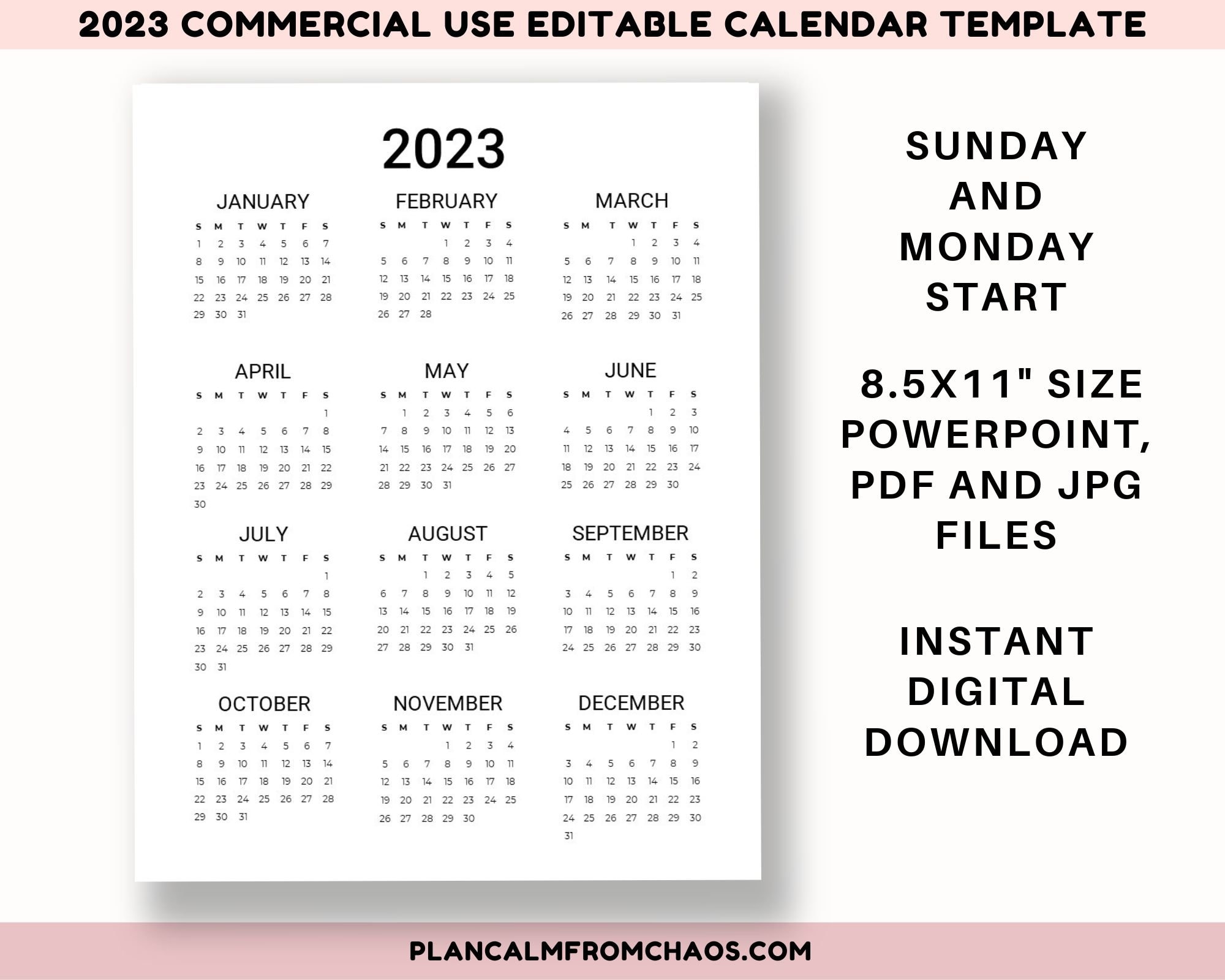 2023 Calendar Printable Template Digital Download Commercial - Etsy Israel