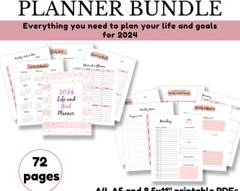 Printable 2024 Life Planner Bundle, DIGITAL DOWNLOAD, 73 page life and goal planner A4, A5 and 8.5x11 sizes. Rose gold. Yearly planner