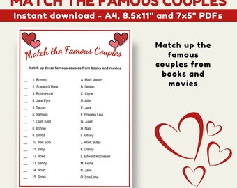 Valentines Day Printable Games, Match the Famous Couples, DIGITAL DOWNLOAD, Match the book and movie couples, Valentines Party, Galentines