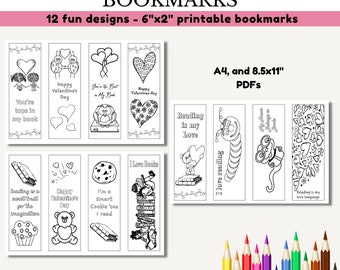 Printable Valentine's Colouring Bookmarks, DIGITAL DOWNLOAD, 12 fun 6x2" designs. A4 and 8.5x11 pdfs. Valentines gift to print at home