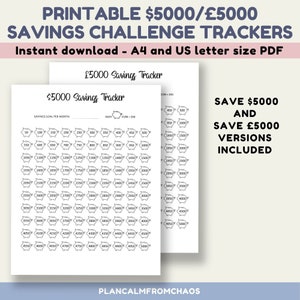 5K Savings Tracker Printable. DIGITAL DOWNLOAD. Printable 5000 savings challenge tracker. Budget printable PDF in A4 and 8.5x11&quot; size