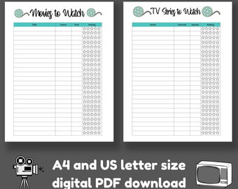 Printable TV and Movie Watch List Trackers, DIGITAL DOWNLOAD. Plan your movies to watch and tv series to watch. 2 entertainment planners