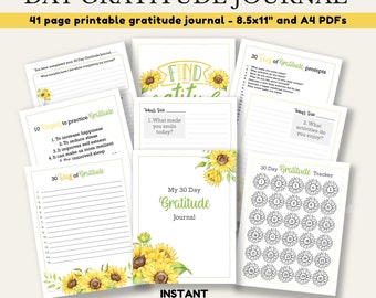 Printable Sunflower 30 Day Gratitude Journal, DIGITAL DOWNLOAD, 30 days of gratitude journal prompts for daily gratitude. A4 and 8.5x11 pdf