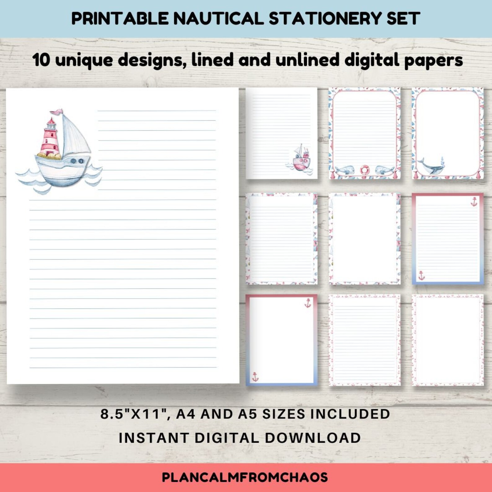 Printable Nautical Stationery, DIGITAL DOWNLOAD, Printable Writing ...