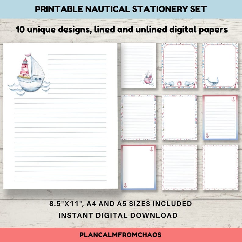 Printable Nautical Stationery, DIGITAL DOWNLOAD, Printable Writing ...