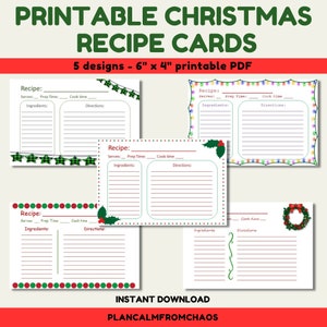 Printable Christmas Recipe Cards, digital download, 6"x4", 5 designs, holiday recipe cards, DIY recipe cards, xmas recipe cards