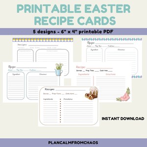 Printable Easter Recipe Cards, DIGITAL DOWNLOAD, 6&quot;x4&quot;, 5 designs, holiday recipe cards, DIY recipe cards, baking recipe cards