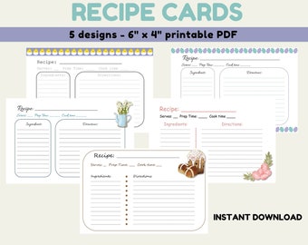 Printable Easter Recipe Cards, DIGITAL DOWNLOAD, 6"x4", 5 designs, holiday recipe cards, DIY recipe cards, baking recipe cards