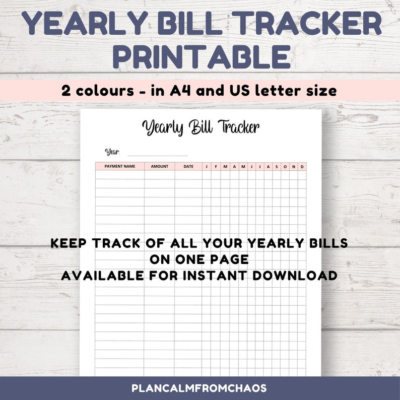 Yearly Bill Tracker Printable. DIGITAL DOWNLOAD. Track All Your Yearly ...