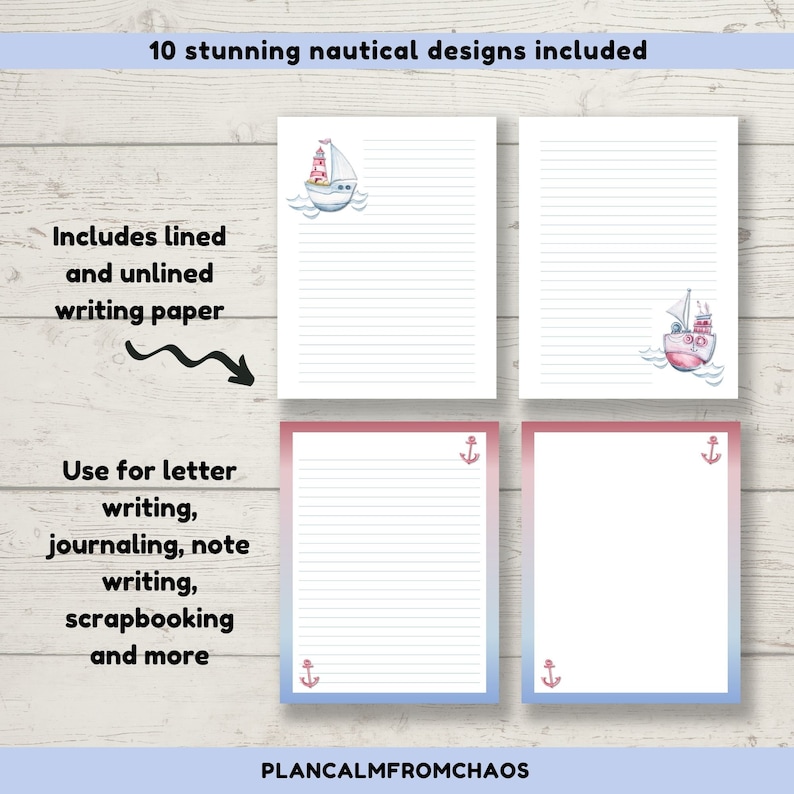 Printable Nautical Stationery, DIGITAL DOWNLOAD, Printable Writing Paper in 10 Nautical Designs ...