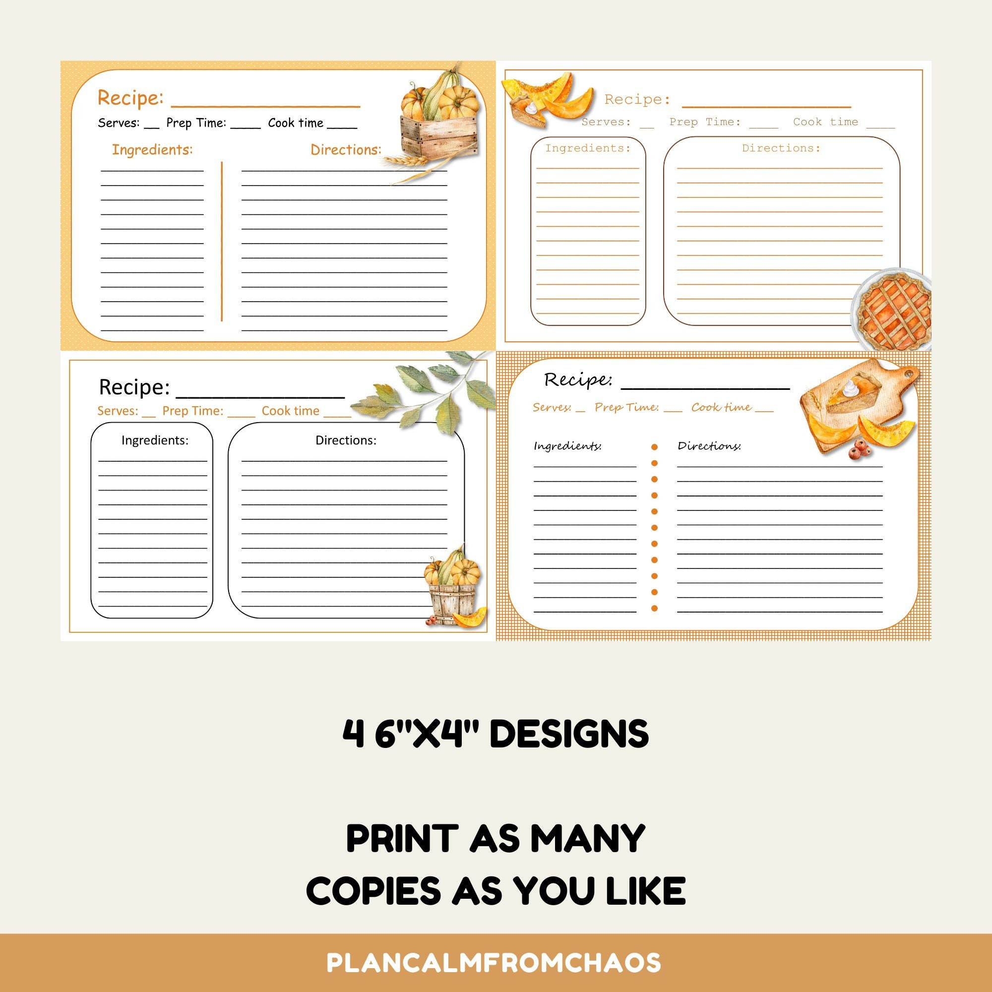 Printable Thanksgiving Recipe Cards, Digital Download, 6x4, 4 ...