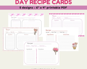 Printable Valentine's Day Recipe Cards, DIGITAL DOWNLOAD, 6"x4", 5 designs, Valentine's recipe cards, DIY recipe cards, Valentine printables