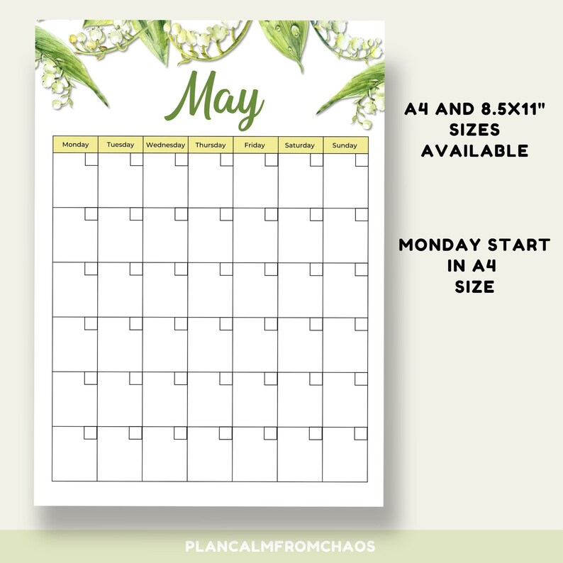 Printable May Monthly Calendar DIGITAL DOWNLOAD May Undated | Etsy