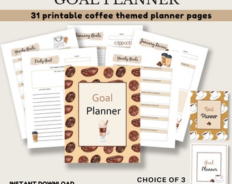 Yearly Goal Planner Printable, DIGITAL DOWNLOAD, 31 coffee themed goal setting and goal tracking printable pages - A4 and 8.5"x11" PDFs.