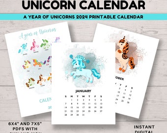 2024 Monthly Unicorn Calendar, Printable DIGITAL DOWNLOAD, Fun unicorn printable calendar cards 7x5" and 6x4". Monday and Sunday start.