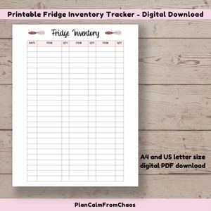 May include: Printable fridge inventory tracker in a digital PDF download format. The tracker has columns for date, item, and quantity. The title "Fridge Inventory" is at the top of the page with a whisk illustration on either side.