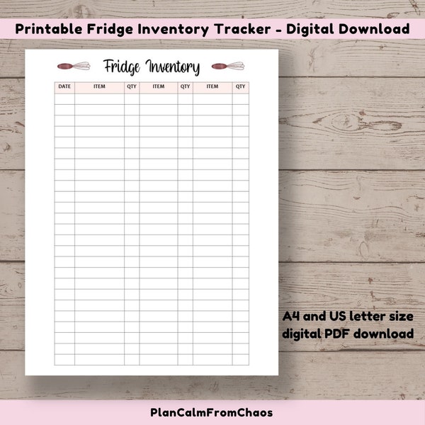 Fridge printable simple inventory list, DIGITAL DOWNLOAD, Kitchen Organiser, printable inventory tracker PDF, fridge inventory form