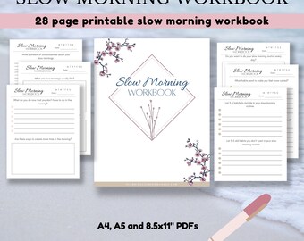 Slow Morning Routine PDF Workbook ,DIGITAL DOWNLOAD, 28 page workbook with 50 questions for your slow morning routine. A4 A5 and 8.5x11 pdf