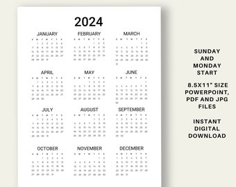 2024 Calendar Printable Template, DIGITAL DOWNLOAD, commercial use included, editable Powerpoint, JPG and pdf files 8.5x11, year at a glance