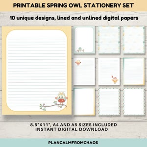 Papelería Imprimible de Búho de Primavera, DESCARGA DIGITAL, Papel de carta imprimible en 10 diseños de Búho. Papeles digitales A4, A5 y 8.5x11 pdf y jpg