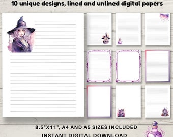 Lila Hexe Briefpapier: 10 Aquarell Designs (Digitaler Download)