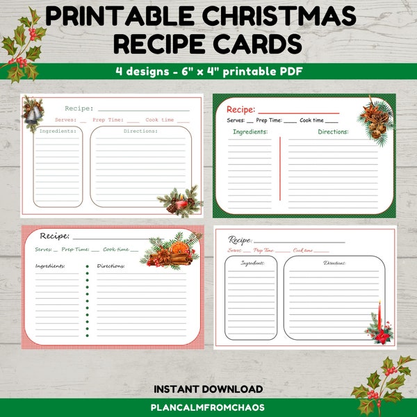 Printable Christmas Recipe Cards, digital download, 6"x4", 4 Christmas cooking DIY recipe cards, holiday recipe cards, xmas recipe cards