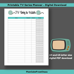 Printable TV Series to Watch Tracker, DIGITAL DOWNLOAD, tv series tracker to keep track of your watch lists. Printable pdf tv series planner