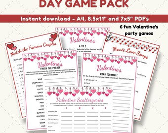 Printable Valentine's Day Game Pack, INSTANT DOWNLOAD, Printable or virtual party games. 6 Valentines games, Galentine's games, Vday games