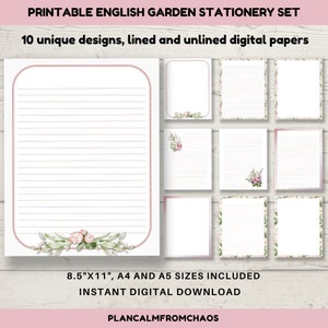 Cancelleria floreale stampabile del giardino inglese, DOWNLOAD DIGITALE, carta da lettere stampabile in 10 disegni floreali. Documenti A4, A5, 8,5x11 pdf jpg