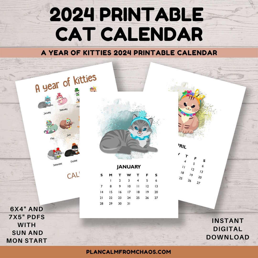 Kitten Monthly 2024 Desk Calendar, Printable DIGITAL DOWNLOAD, Fun Cat ...