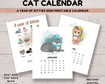 Kitten Monthly 2024 Desk Calendar, Printable DIGITAL DOWNLOAD, Fun cat printable calendar cards 7x5" and 6x4". Monday and Sunday start.