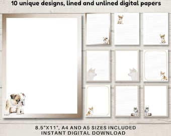 Printable Dog Stationery Set, DIGITAL DOWNLOAD, Printable writing paper in 10 dog designs. A4, A5 and 8.5x11 pdf and jpg digital papers