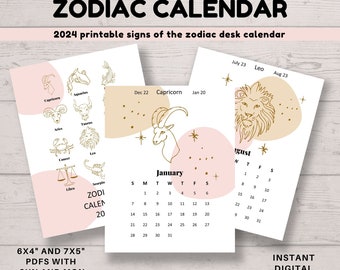 Printable 2024 Zodiac Desk Calendar, DIGITAL DOWNLOAD, Stylish printable star sign cards in 7x5" and 6x4". Monday start and Sunday start.