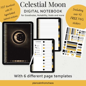 Könnte beinhalten: Ein digitales Notizbuch mit einem zellischen Mond-Thema. Der Umschlag zeigt einen zunehmenden Mond mit Sternen auf schwarzem Hintergrund. Das Notizbuch enthält 6 verschiedene Seitenvorlagen und über 40 kostenlose PNG-Sticker. Der Text "Celestial Moon Digital Notebook" ist oben im Bild zu sehen.