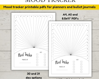 May include: Printable mood tracker in the shape of a sun with a key to track mood. The tracker is available in A4, A5, and 8.5x11 inch sizes. The tracker has 30 and 31 day options. The text "PlanCalmFromChaos" is at the bottom of the image.