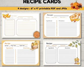 Printable Thanksgiving Recipe Cards, digital download, 6"x4", 4 Thanksgiving DIY recipe cards, party recipe cards, holiday recipe cards