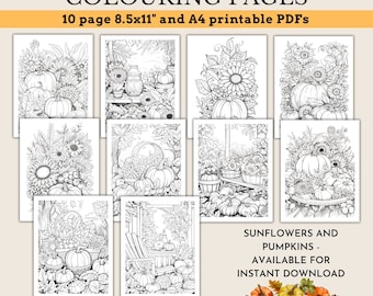 10 Printable Fall Colouring Pages, DIGITAL DOWNLOAD, 10 beautiful detailed Autumn colouring sheets to print at home. A4 and 8.5x11 size PDFs