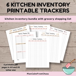 May include: Six printable kitchen inventory trackers in a bundle. The trackers include: Baking Inventory, Grocery Shopping List, Pantry Inventory, Kitchen Inventory, Freezer Inventory, and Fridge Inventory. The trackers are designed with a light pink and brown color scheme and feature a wooden spoon and rolling pin graphic.