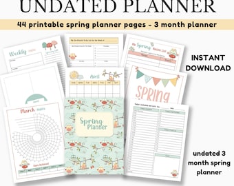 Printable Spring Undated Planner, DIGITAL DOWNLOAD, 44 page Spring 3 monthly planner A4 and 8.5x11 size PDF. 90 day planner Spring design