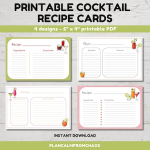 Printable Cocktail Recipe Cards, digital download, 6&quot;x4&quot;, 4 Cocktail Drink DIY recipe cards, party recipe cards, holiday recipe cards