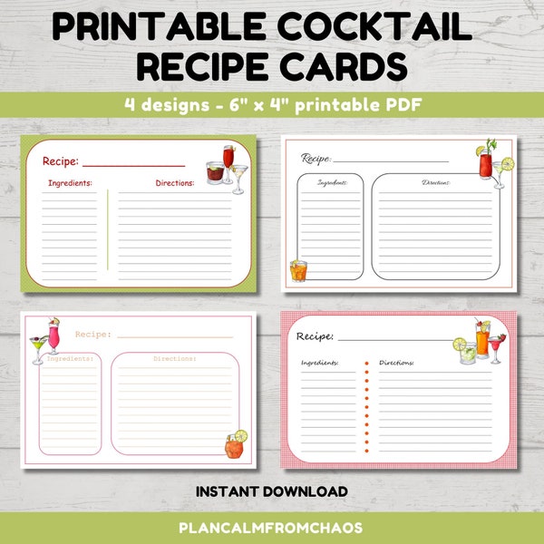 Printable Cocktail Recipe Cards, digital download, 6"x4", 4 Cocktail Drink DIY recipe cards, party recipe cards, holiday recipe cards