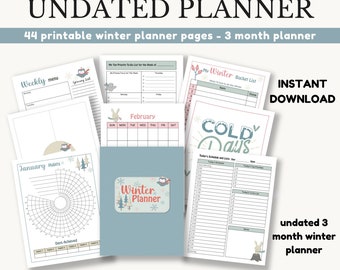 Printable Winter Undated Planner, DIGITAL DOWNLOAD, 44 page winter 3 monthly planner A4 and 8.5x11 size PDF. Cute winter planner design