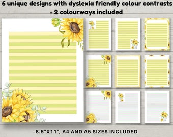 Printable Dyslexia Friendly Sunflower Stationery, DIGITAL DOWNLOAD, A4, A5 and 8.5x11 pdf and jpg digital papers. 6 designs, 2 colourways.